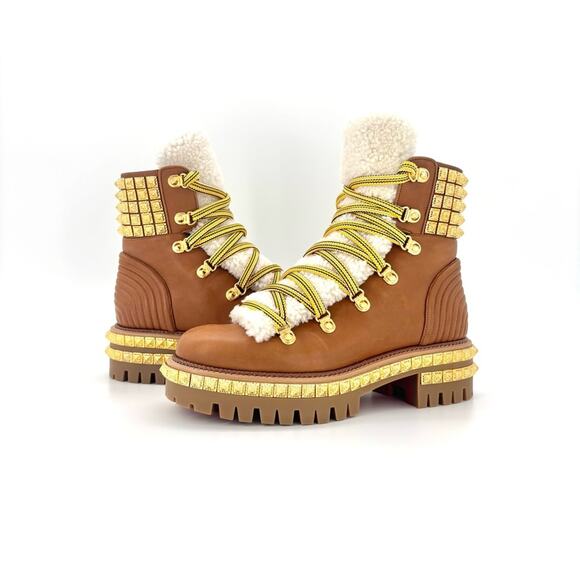 NIB Christian Louboutin Yeti Donna Shearling Sheep Fur Studded Lug Boots 37 - Picture 3 of 9